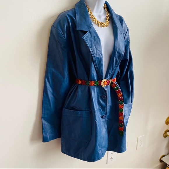 Beautiful Blue Genuine Leather Vintage Blazer Style Jacket - Picture 5 of 12